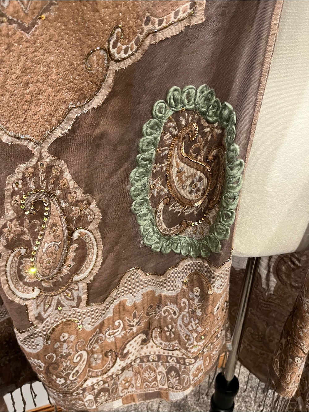 Soft Surroundings Brown Paisley beaded sequins Fringe Kimono - Picture 6 of 14